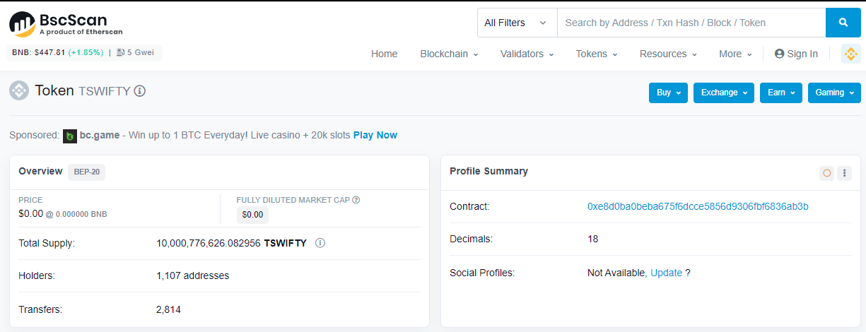 tswifty token on BscScan Page